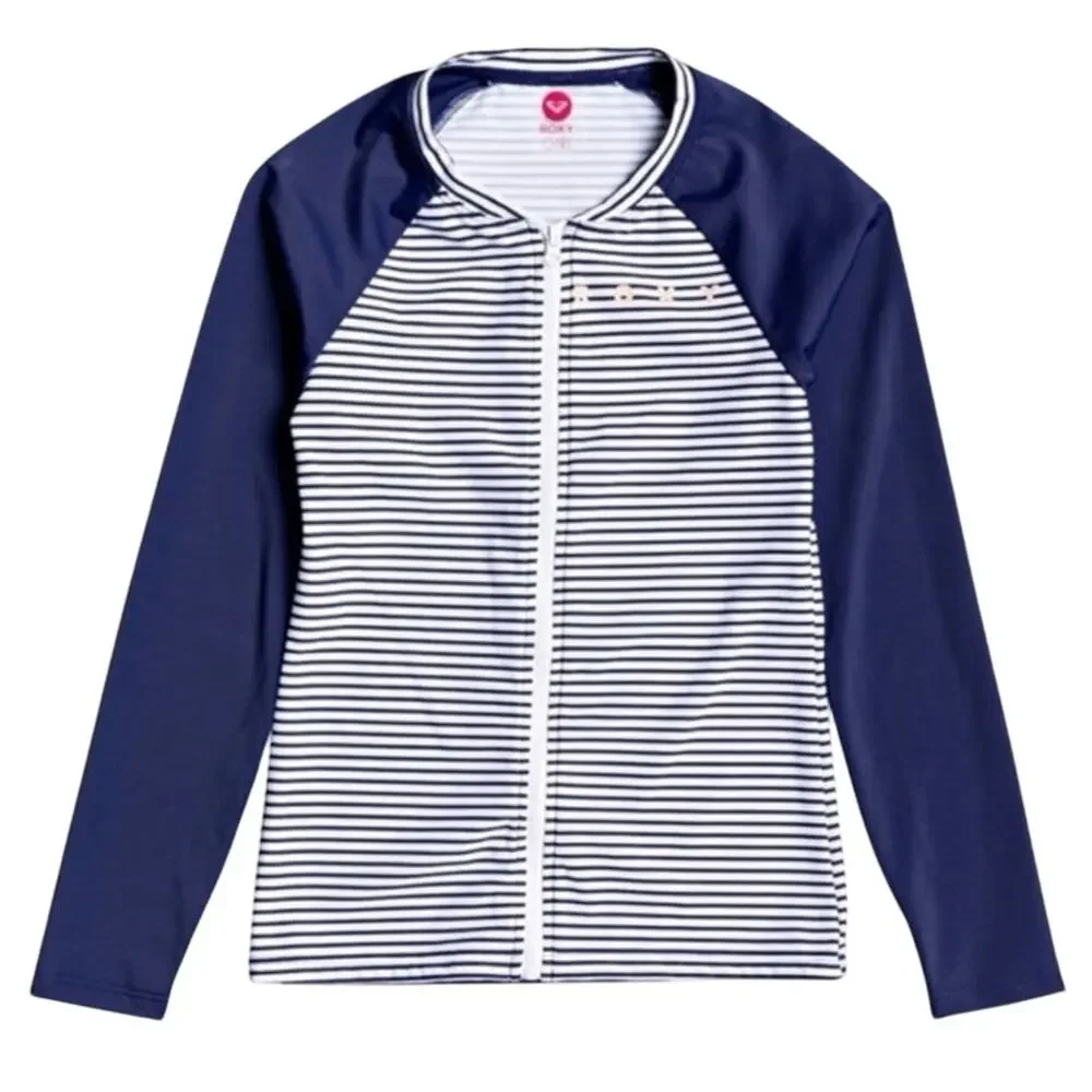 Roxy Surfing Free Blue Striped UPF 50+ Rashguard - Girls 10
